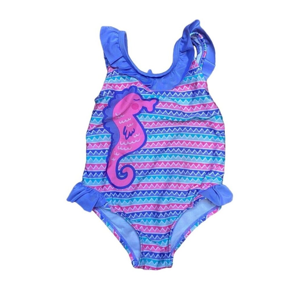 Nursery Rhyme Girls 18M Seahorse Swimsuit Purple Pink Ruffles Chevron Print